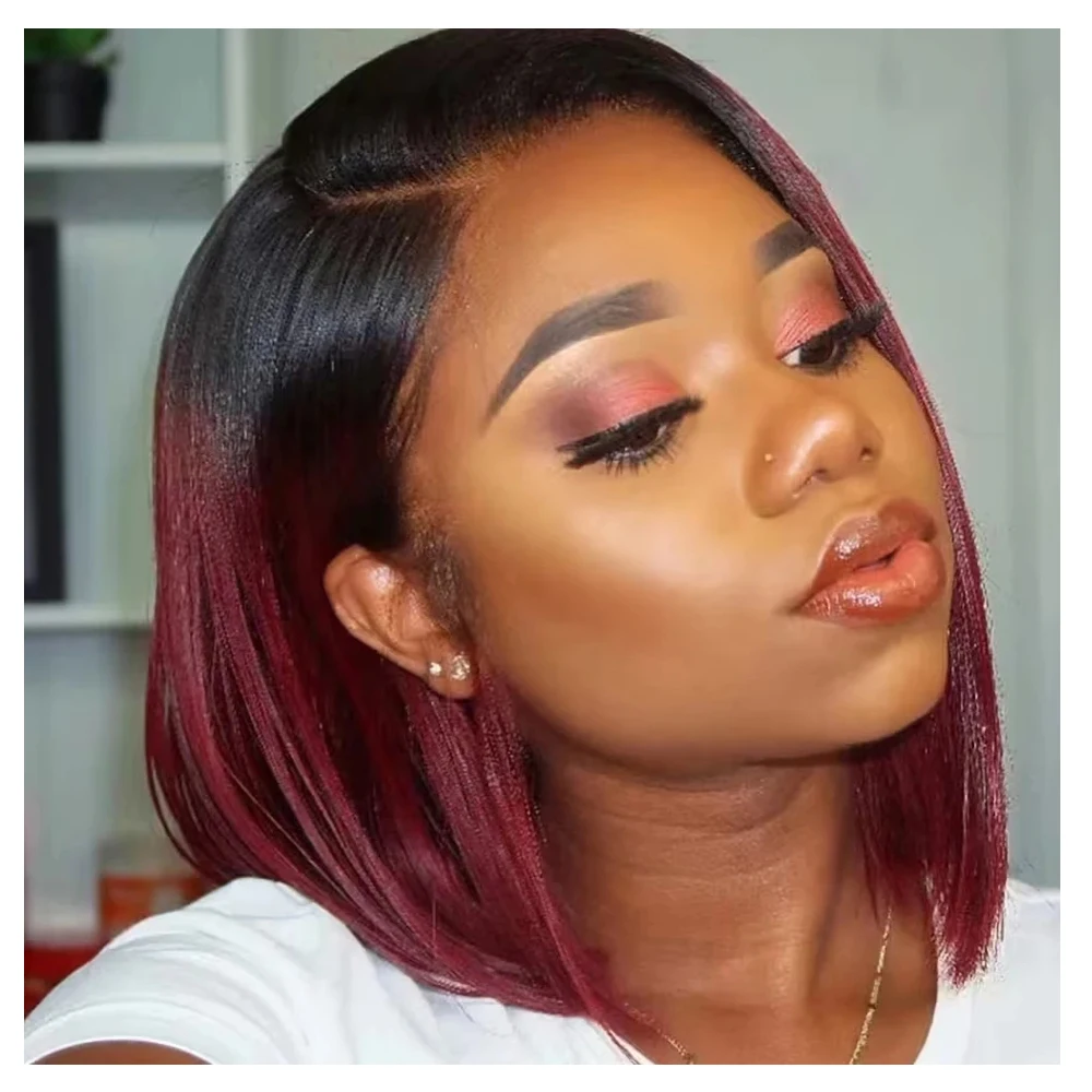 

T1B/99J Bob Wig Ombre Burgundy Straight Lace Front Human Hair Wig 13x4 Lace Frontal Bob Wig Short Bob Transparent Lace Wigs