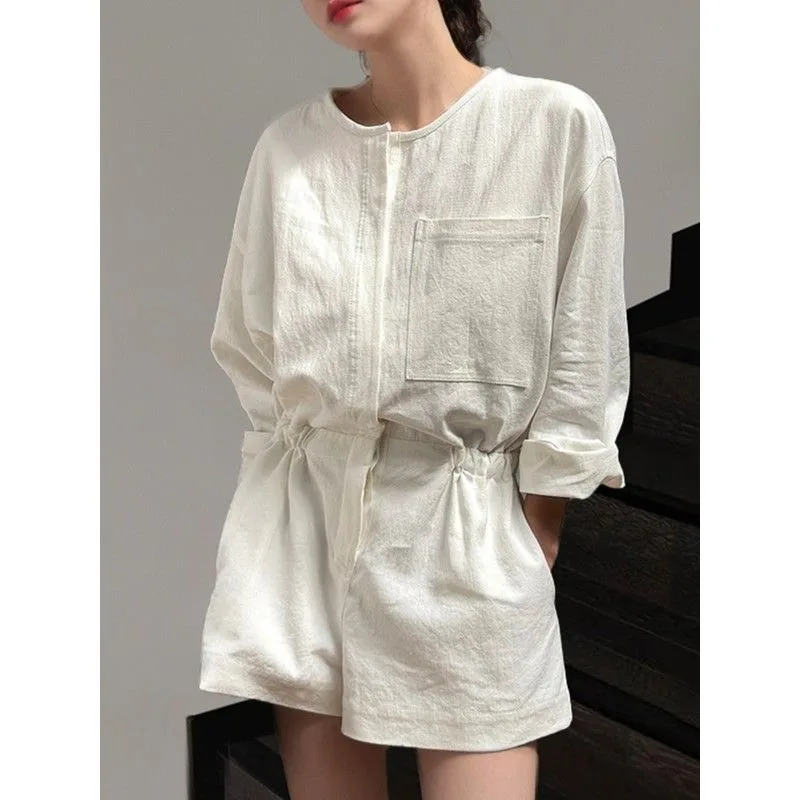 Crew neck cotton and linen retro tooling shirt drawstring waist design jumpsuit jumpsuit women's 2026 spring and summer