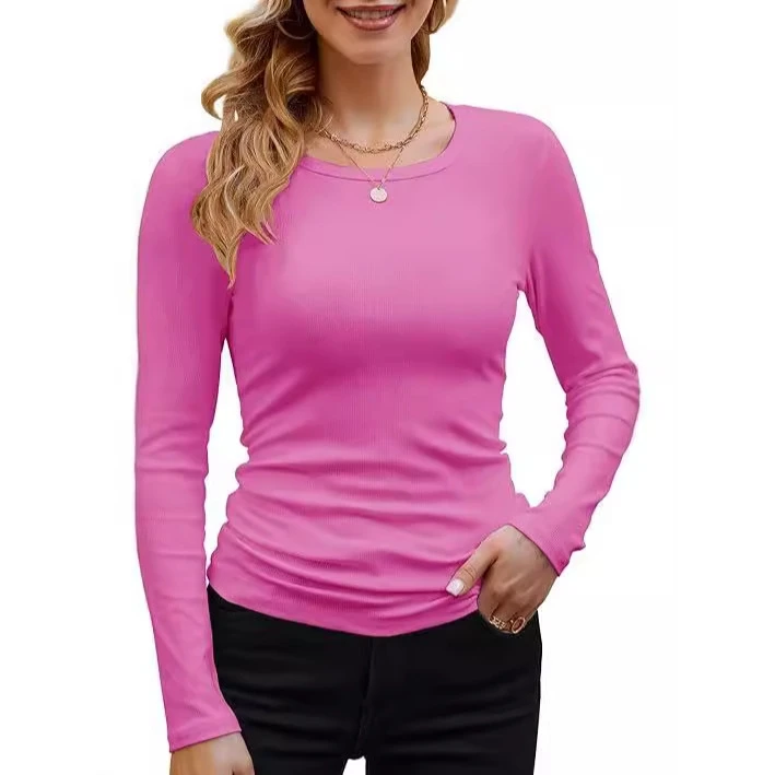 Long Sleeve Cotton T-Shirt Women's Basic round Neck  Color Slim Fit Cross-Border Apparel Comfortable Breathable Fashionable