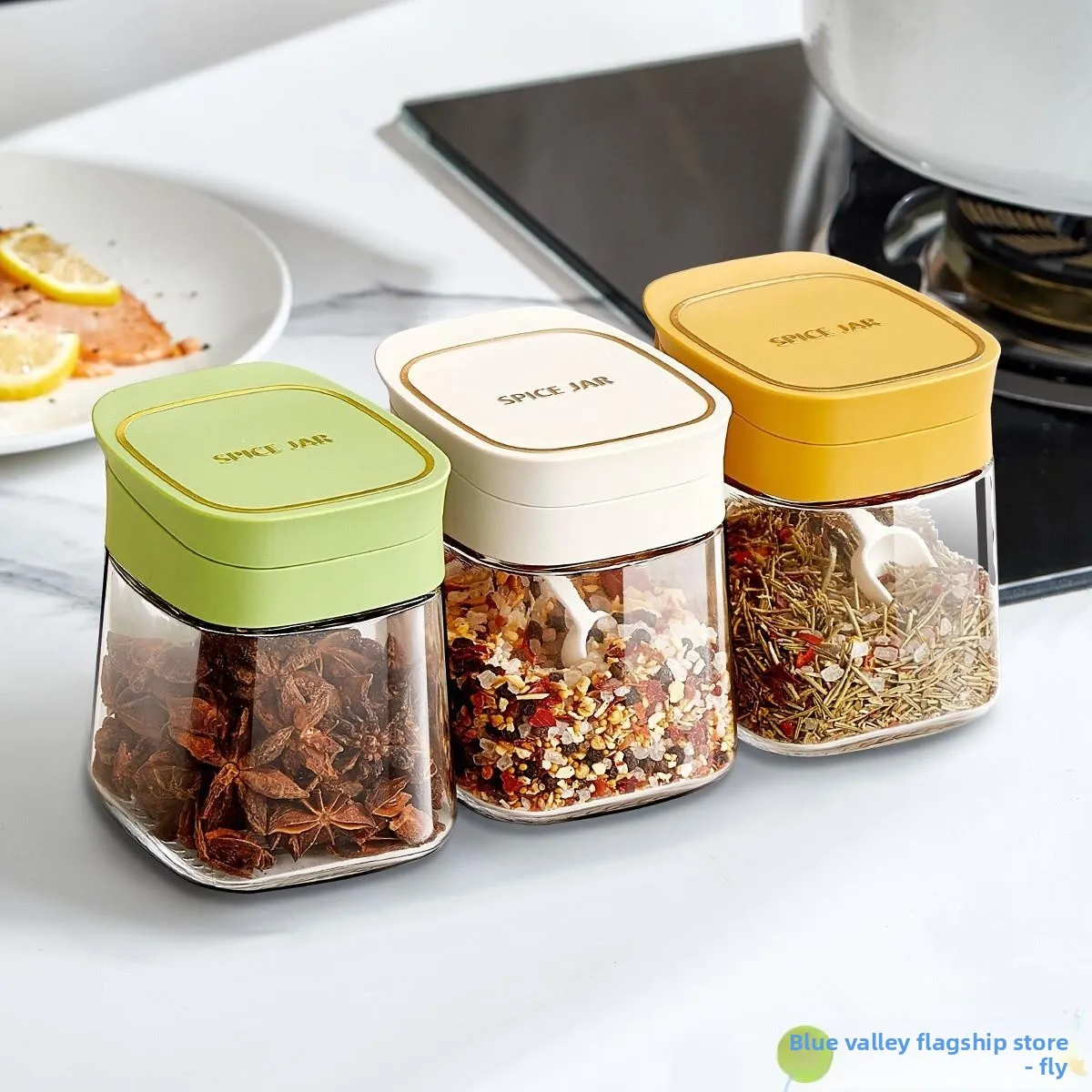

Glass Seasoning Jar Kitchen Storage Ra Cup Holder Flavor Enhancer Seasoning Box Home Use Salt Box Kitchen Accories
