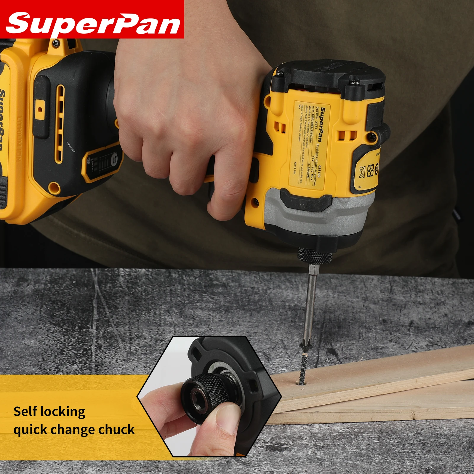 

SuperPan DCF850 3250RPM Max Speed Brushless Impact Driver 205N·m 20V Lithium Battery for DeWalt 20V battery pin