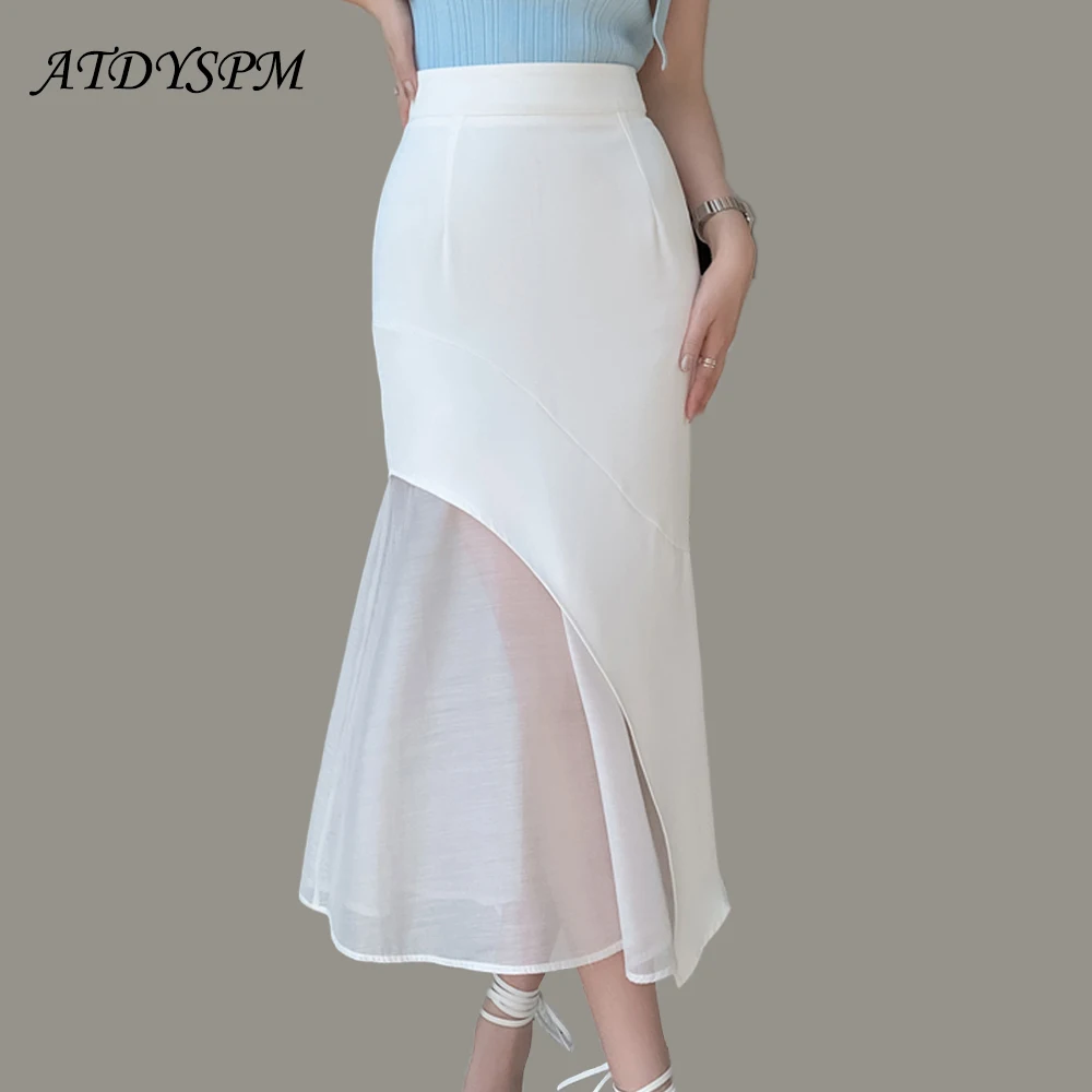 Vintage Mesh Stitching Skirts Women Korean Fashion Ruffles Wrap Hips Bodycon Midi Skirt Elegant Office Lady Formal Clothes 2024