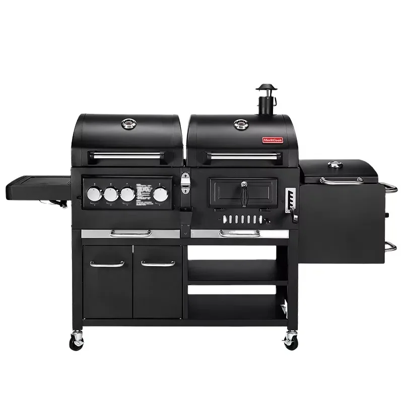 Outdoor Large Gas and Charcoal Grill Heavy Duty Trolley BBQ Smoker Smokeless Combo Commercial Barbecue BBQ Grills