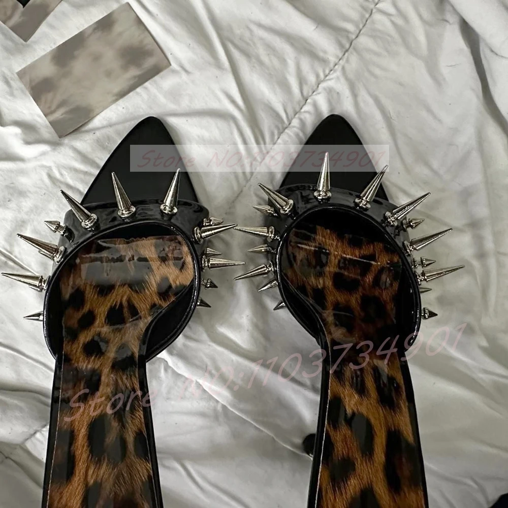 Gold Spike Studded Stiletto Heel Mules Women Leopard Black Pointed-toe Patent Leather Shoes Edgy Punk Rivets High Heels Mules