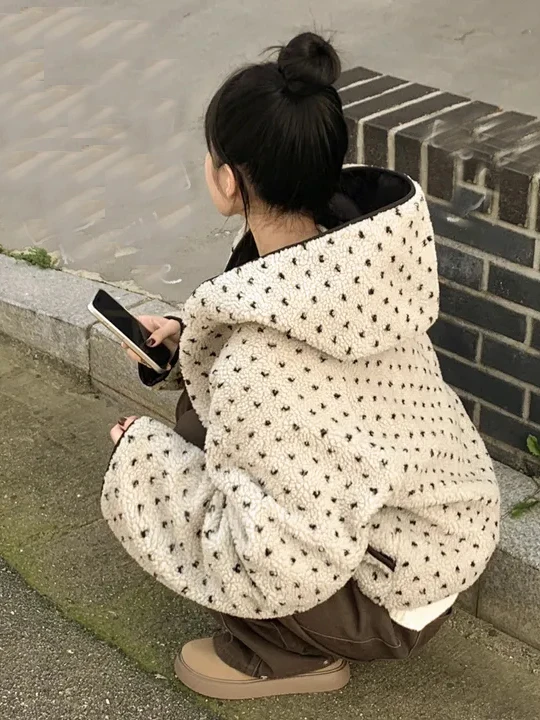 الكورية Sle ort Thiened القطن اصطف مزدوجة الوجهين ارتداء القلب منقوشة فرو الضأن Jaet المرأة لطيف مكافحة الشيخوخة تصميم أعلى #2