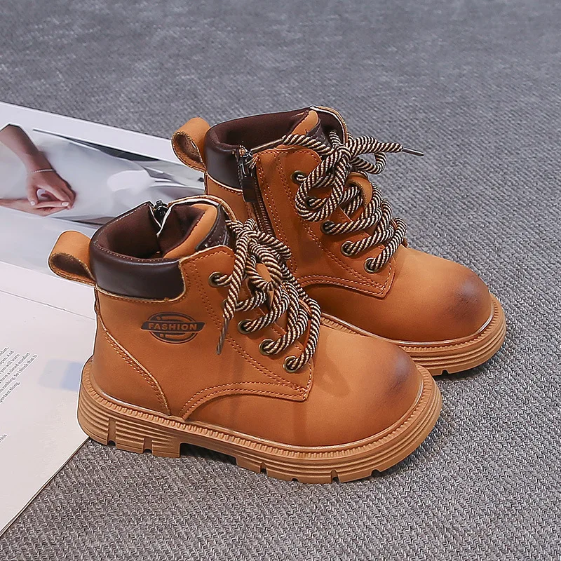 Boys Vintage Ankle Boots Kids Autumn Lace-Up Side Zipper Combat Booties Non-Slip Rubber Sole Outdoor Boots for Little & Big Boys