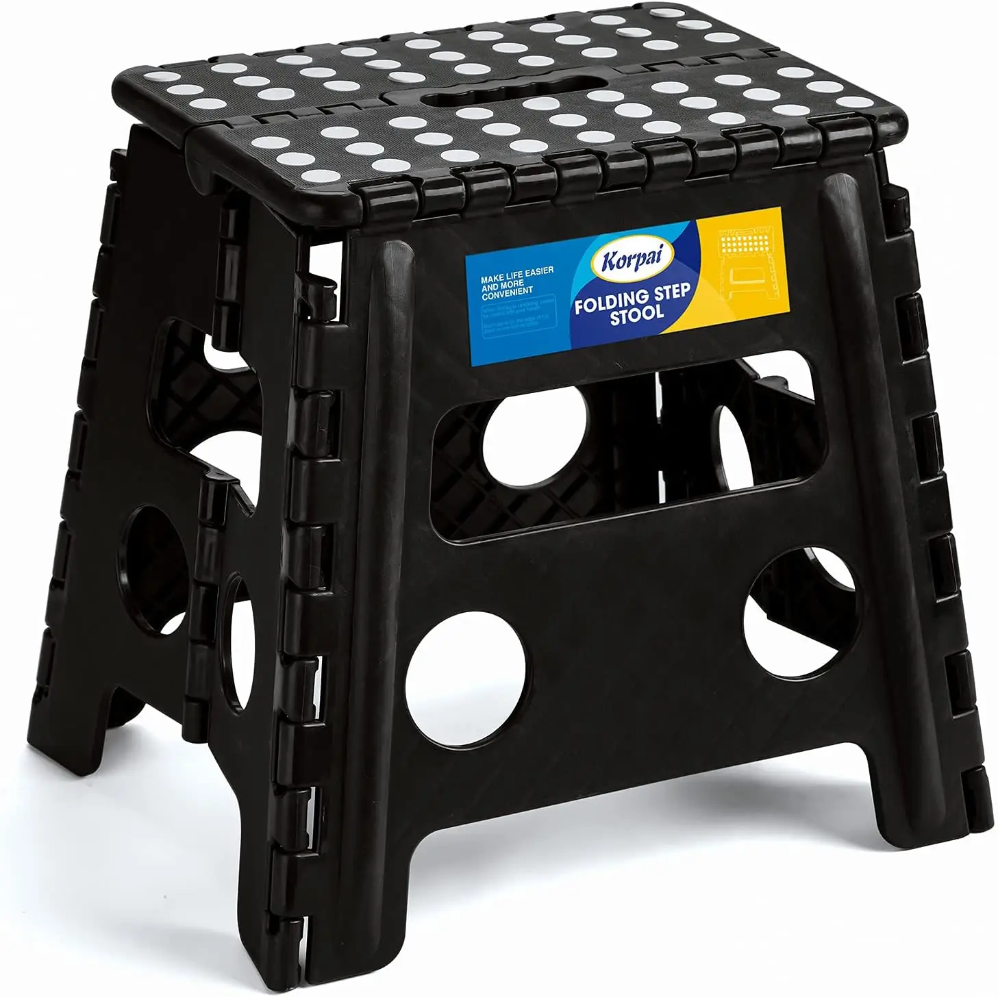 

Korpai Folding Step Stool 13 inch,Stepping Stool for Adults and Kids Holds Up to 300 lbs,Non-Slip Kitchen Step Stool with Handle,Plastic Collapsible Stool for Bathroom,Kitchen ect,Black,1PC