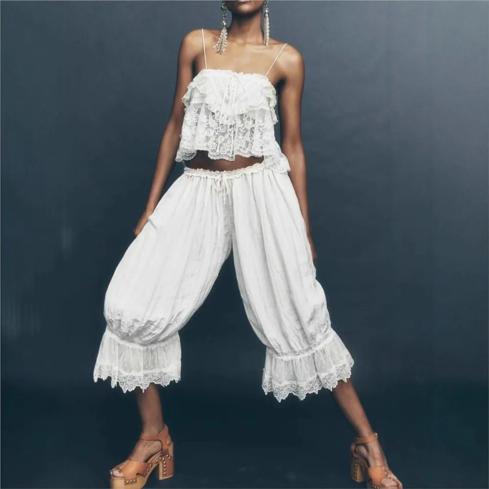 

Lace Stitching Bloomers Solid Color Summer Women's New Lace-up Waist Casual Loose Cropped Pants Pantalones De Mujer Ropa Mujer