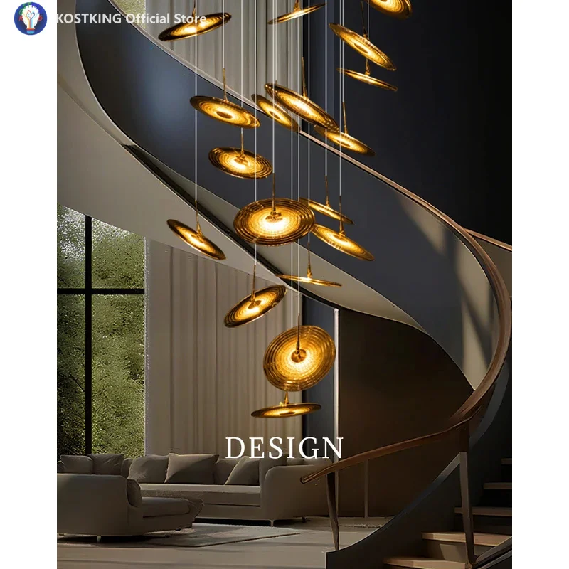 Sitting Room Villa Staircase Chandelier Duplex Loft Chandelier Spiral Disk Glass Stair Hanging Lights High Ceiling Pendent Light