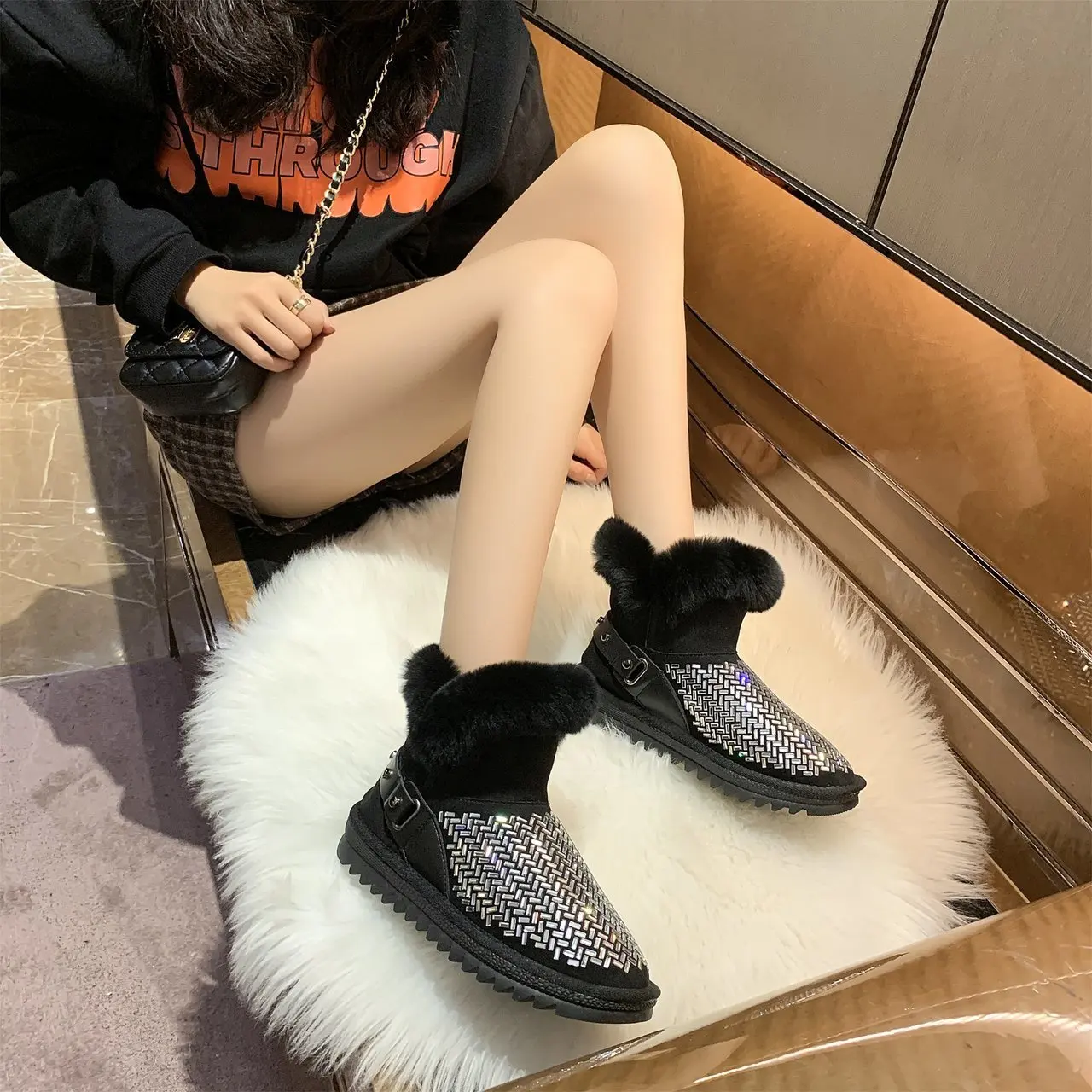 2022 neue Winter Ankle Boot für Frauen Mode Retro Strap Bling Schuhe Kurze Frau Schnee Booties Damen Warme Plüsch Baumwolle hausschuhe