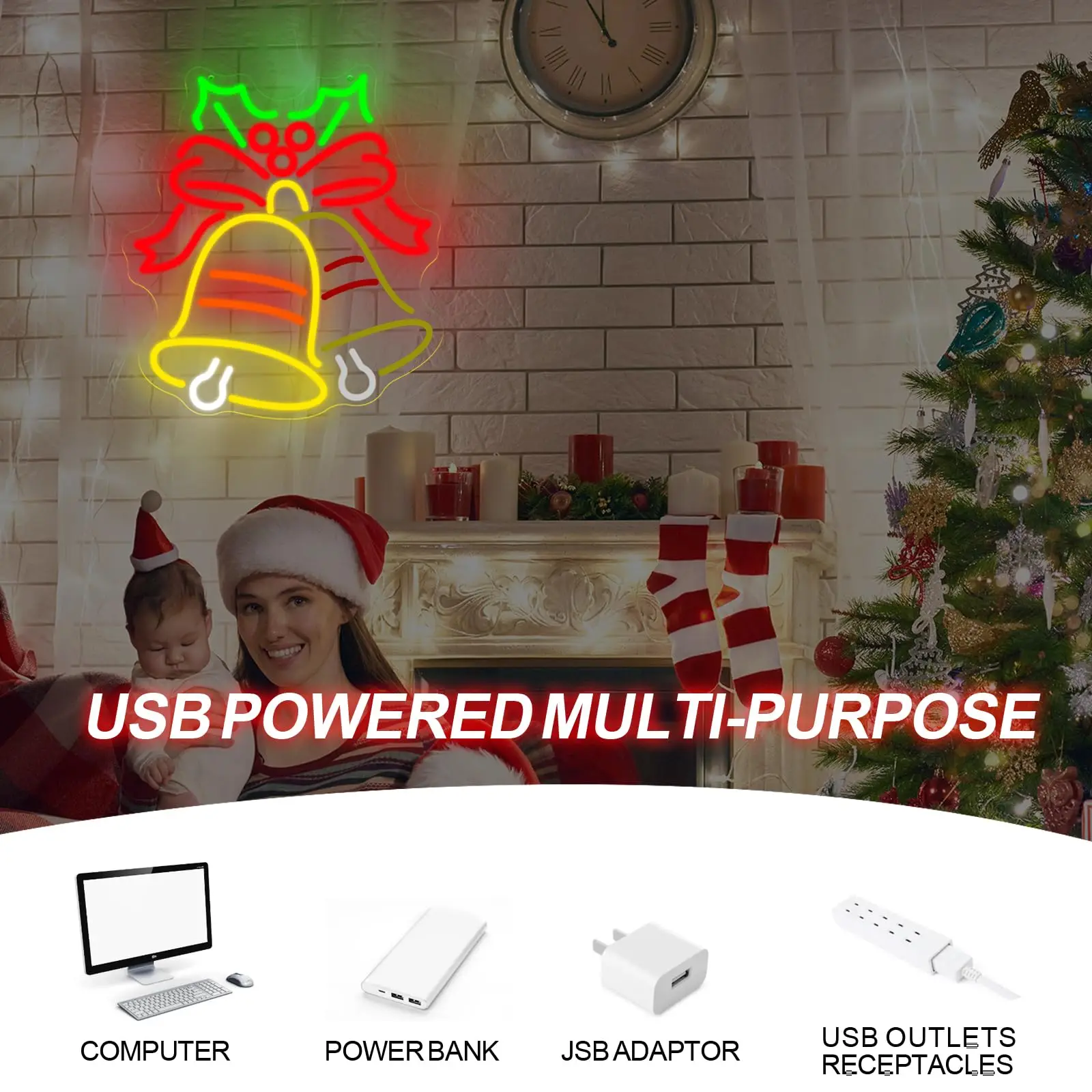 جرس عيد الميلاد النيون علامة وامض LED عطلة القوس الأحمر والأجراس جدار ديكور فني لحفلة عيد الميلاد احتفالية ديكور المنزل