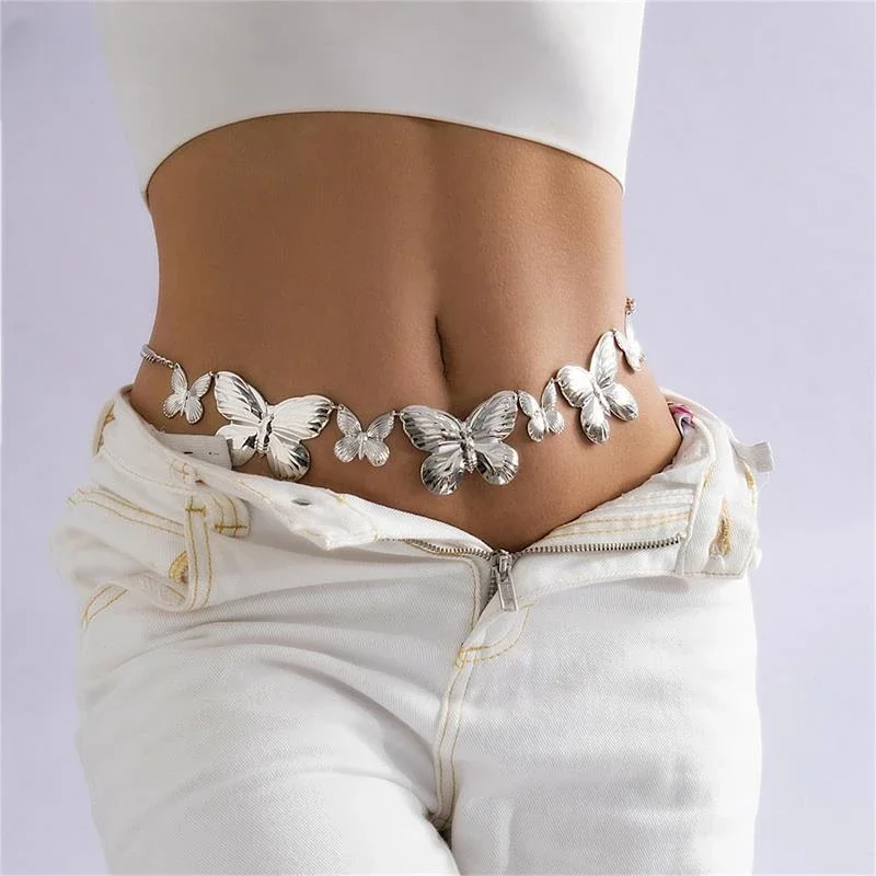 สายโซ่คาดเอวรูปผีเสื้อขนาดใหญ่สำหรับผู้หญิงสายโซ่เรียบง่ายของเด็กผู้หญิงท้องโลหะแนวพังค์เครื่องประดับชายหาด