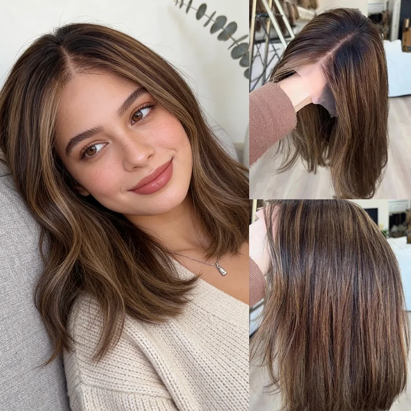 

Synthetic wig Shot Bob straight hair Dark Auburn Brown with Roots 13x4 HD Lace Frontal Wigs Halloween Christmas gifts Glueless