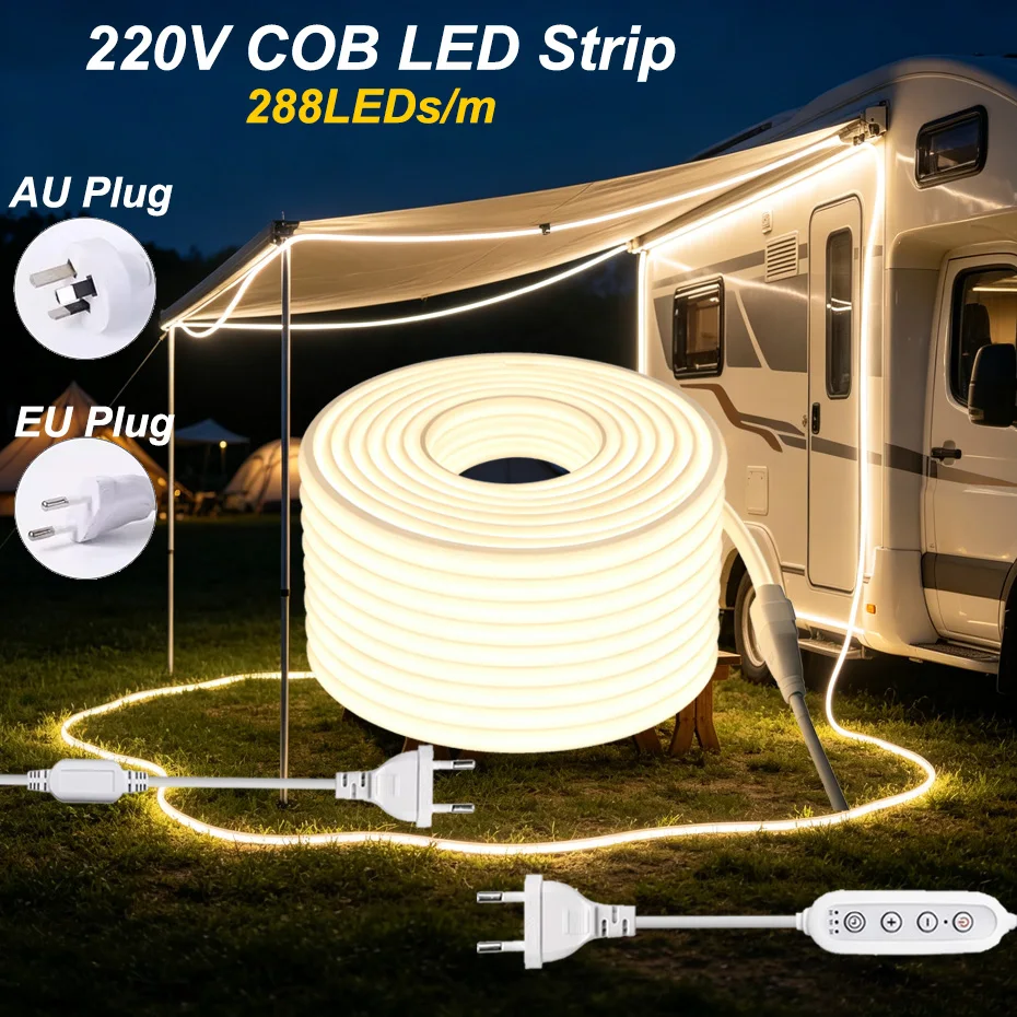 220V COB LED Strip Light 288LEDs/m 10mm IP65 Waterproof AU EU Switch/Dimmer Plug Dimmable Cold/Warm White for Indoor Decor