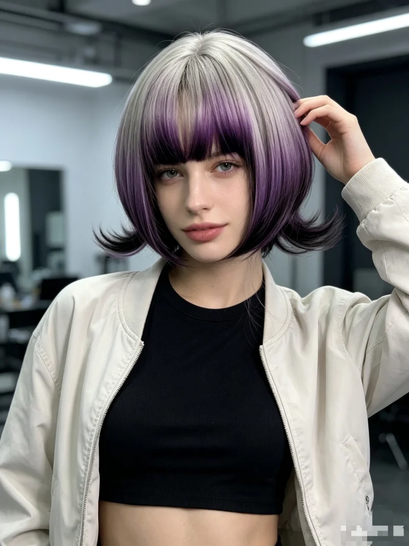Anime Cosplay Girl With Black Hair - Grey Purple Black Ombre Bob Wig