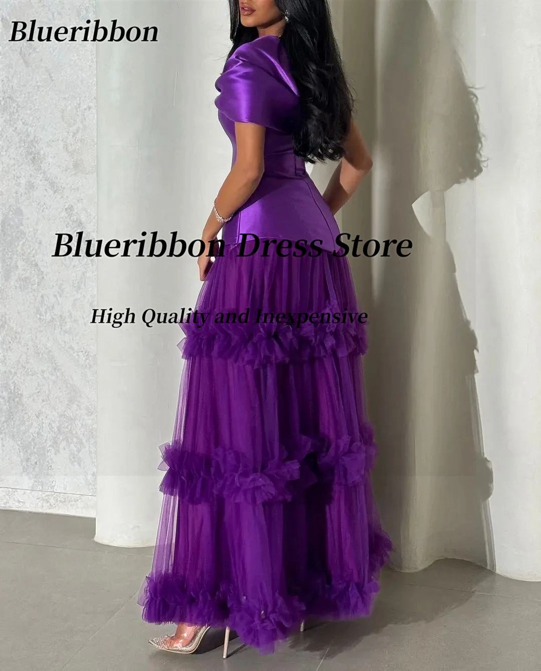 Blueribbon Customized Ruffles Tiered Tulle Long Prom Dresses Off Shoulder Zipper Back Evening Party Gowns Saudi Arabia Women