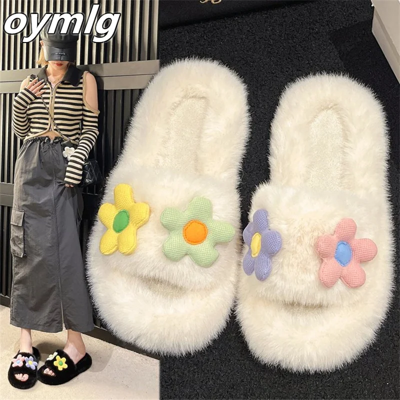 

Flower plush slippers for women in 2023 winter open-toed cute women's cotton slippers flat bottomed home slippers