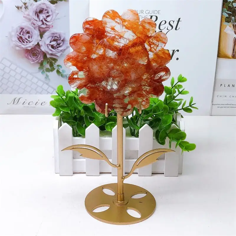 

Natural Red Fire Quartz Hematoid Sunflower Carving Healing Stone Energy Gemstone Cute Home Decoration Gift 1PCS