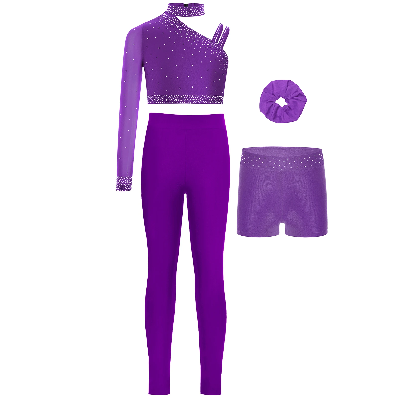 Girls Figure Skating Ballet Dance Gymnastics Outfit Unique Irregular Shoulder Rhinestones Crop Top with Shorts Hairband Leggings