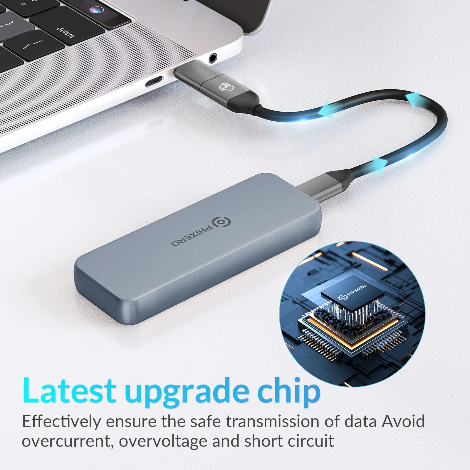 PHIXERO USB3.2 M.2 NVME SSD 20Gbps Case with Built-in Cooling Vest Upgraded Aluminum Type-C M2 NVME SSD Enclosure for  MacBook