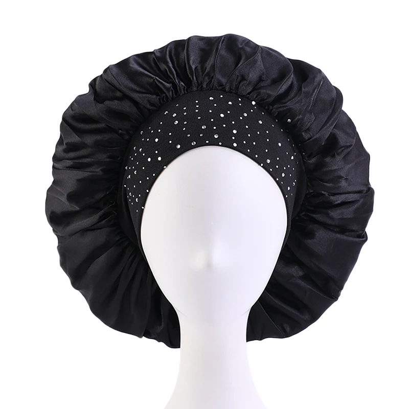 New Women Satin Night Sleep Cap Hair Bonnet Hat reathable Fabric Rhinestone Women Sleeping Hat for Travel Thick Shower Cap