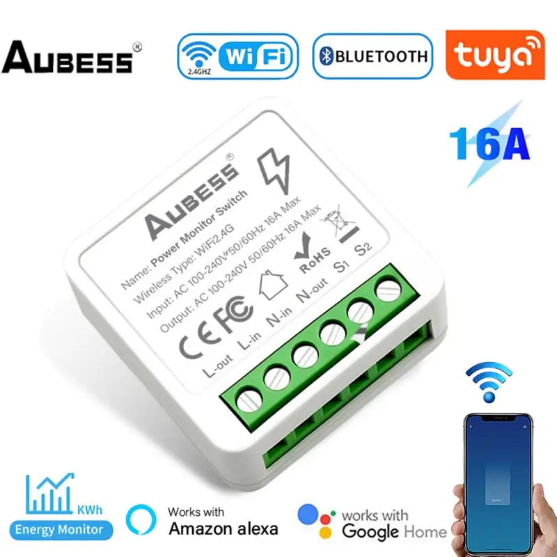 Aubess Tuya WiFi Smart Switch DIY Mini Smart Breaker 16A with Power Monitoring Support Timing Voice Control Alexa Google Home