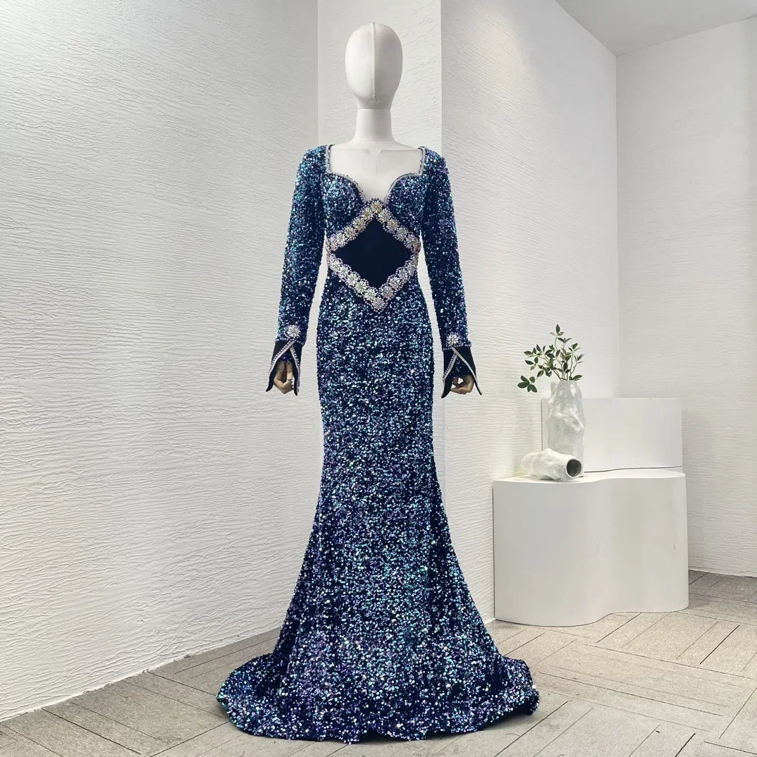 2024 Blue Green Violet Sequined Slit Hem Diamonds Pearls Long Sleeve  Maxi Dress for Women