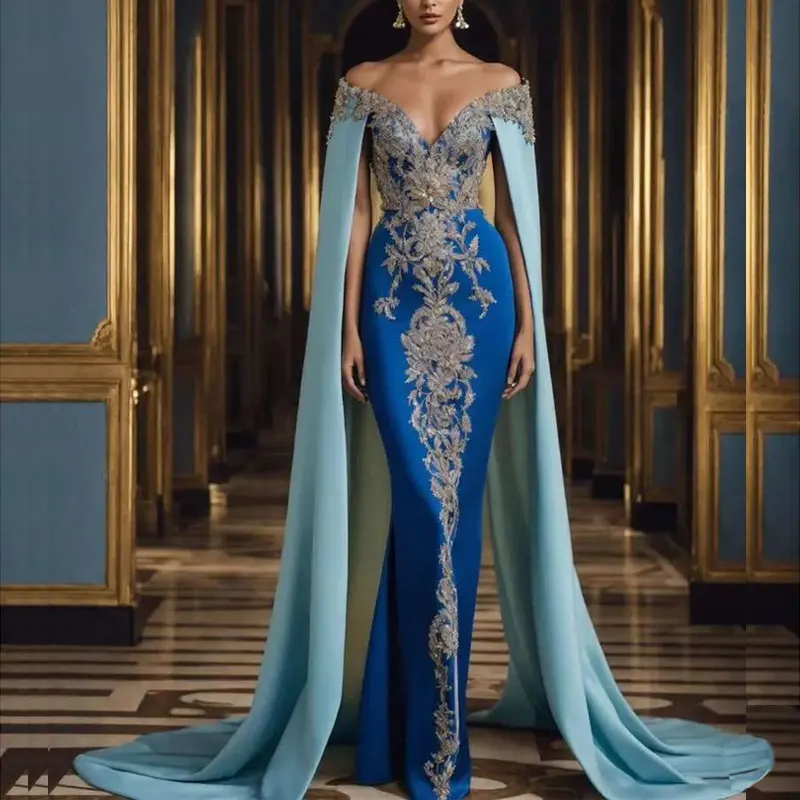 Exclusive Royal Blue Mermaid Prom Dresses With Long Cape Sleeves Delicate Shimmery Appliques Dubai Party Dress Customized