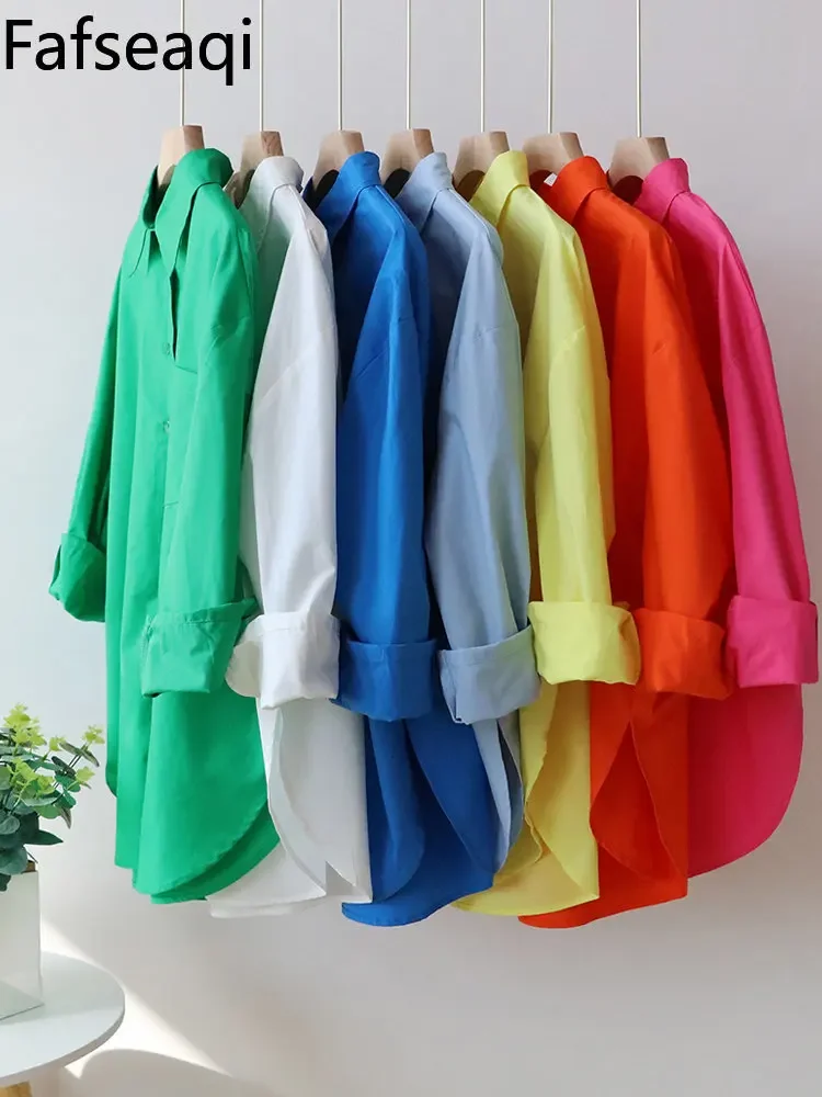 Oversized Candy Colors Shirt Women\'s Beautiful Blouses 2024 Spring Basic Pure Cotton Button Up Shirts Blue Baggy Long Sleeve Top