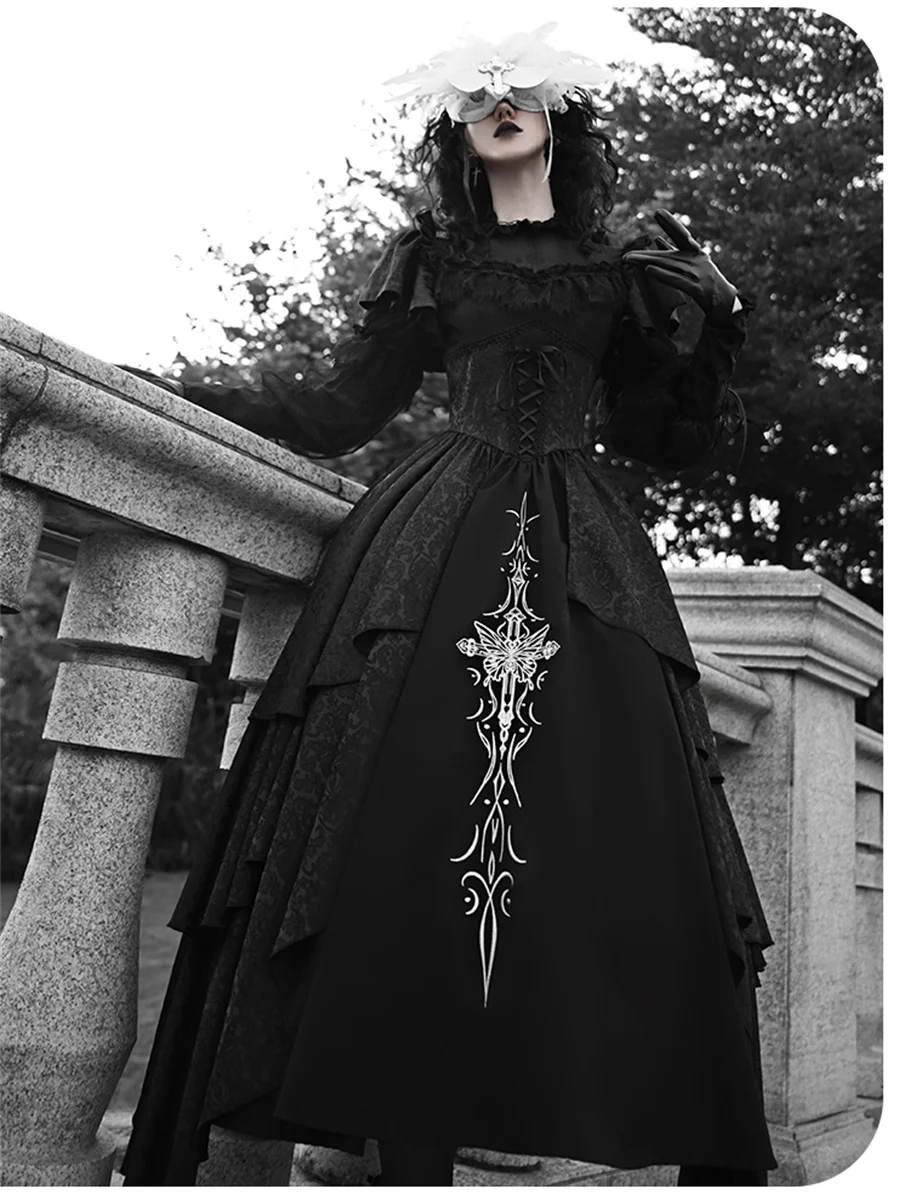 Withpuji French Vintage Gothic Style Cosplay Dark Lolita Op Girl Elegant Embroidery Lace Mesh Ribbon Bowknot Tunic Palaca Dress