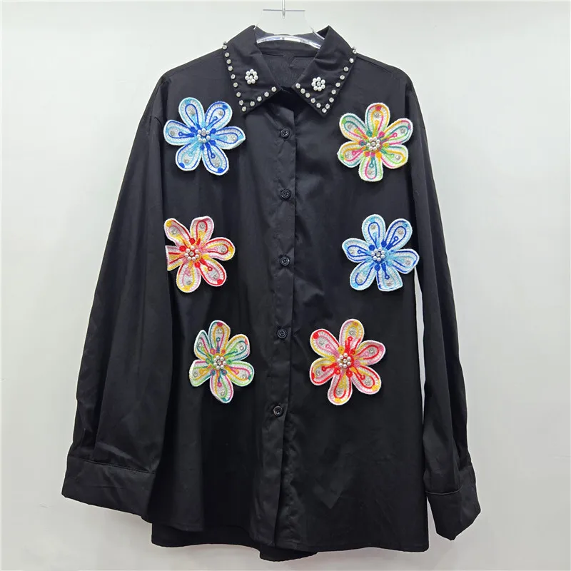 HKSH ฤดูใบไม้ร่วงใหม่ผู้หญิงเสื้อสามมิติสีสันถักดอกไม้เพชร Beaded Single Breasted Casual Trendy Tops HK10387