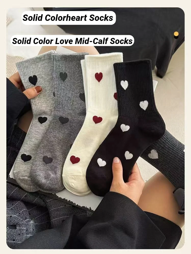 5/10 Paar Damen-Socken mit herzförmigem Muster, mittellange Socken, modischer Druck, weich, bequem, schweißabsorbierend, atmungsaktiv – Detail 2