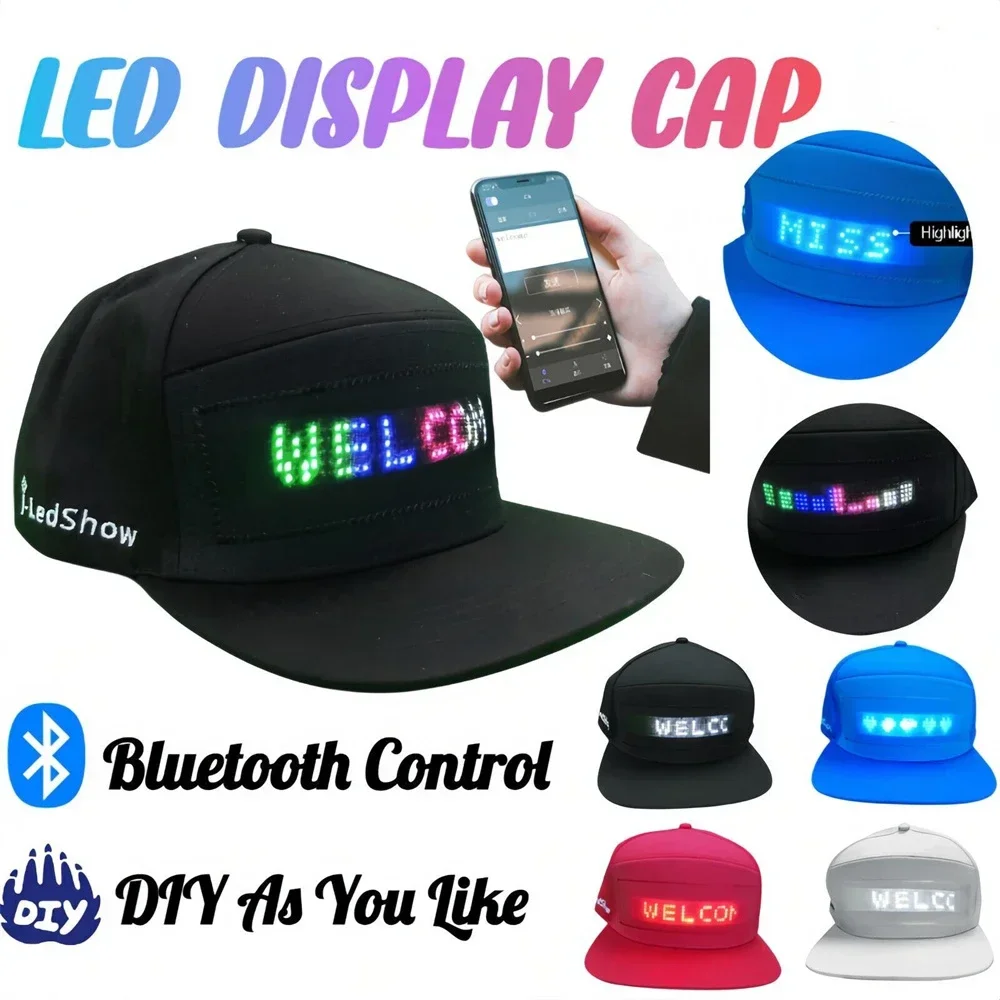 USB Rechargeable Bluetooth APP Programmable LED Scrolling Message Display Board Hip Hop Street Snapback Hat Unisex Baseball Cap