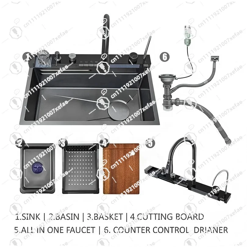 

Modern stainless steel multi-function LED digital display 2025 version 4-key piano type smart kitchen sink with waterfall