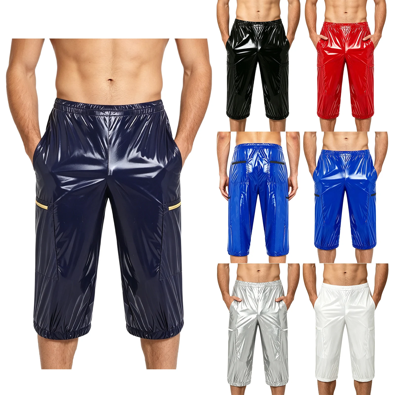 Men Oil Glossy Cargo Shorts Waterproof Elastic Waist Band Multi-pocket Zipper Overalls Capri Pants Dance Clubwear Beach Swimwear - Image 4