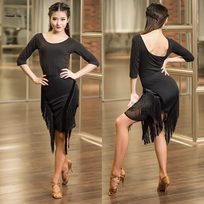 

Платье для латинских танцев для взрослых по индивидуальному заказу, женский костюм танцовщицы с лоскутной текстурой кисточек, юбка с кисточками и топ, комбинезон, черный самба