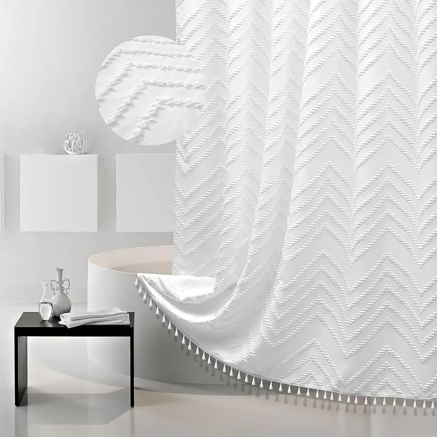 

White Shower Curtain Fabric Boho Shower Curtain Cloth Textured Tufted Che ron Elegant Shower Curtains Waterproof for Bathroom 72