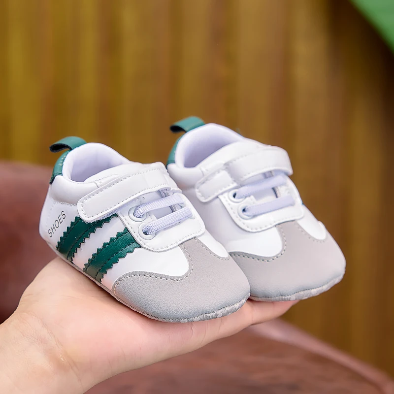 Frühlings- und Herbst-Babyschuhe, farblich abgesetzte, gestreifte Babyschuhe mit Klettverschluss, Lauflernschuhe mit weicher Sohle für Neugeborene, 0–12 Monate, Schuhe für Jungen und Mädchen – Detail 10