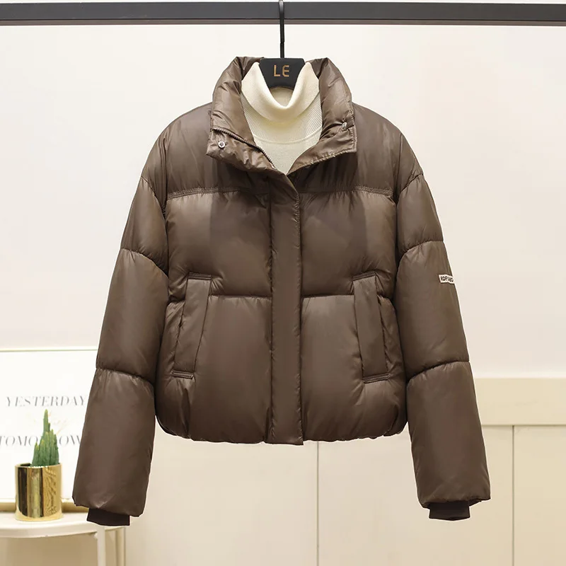 

Новинка 2023 года, женское зимнее пальто с воротником-стойкой, модное однотонное свободное теплое хлопковое пальто, женская универсальная короткая парка, верхняя одежда