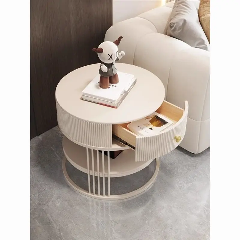 

Круглый прикроватный столик в кремовом стиле для спальни, небольшой журнальный столик для гостиной с ящиком, простой современный креативный приставной столик из сланца