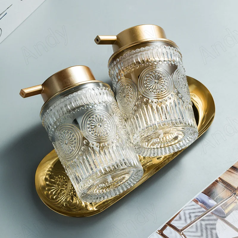 European Glass Soap Bottle Golden Stroke Decorative Desktop Shampoo Press Bottle Set Modern Relief Home Bathroom Accessories