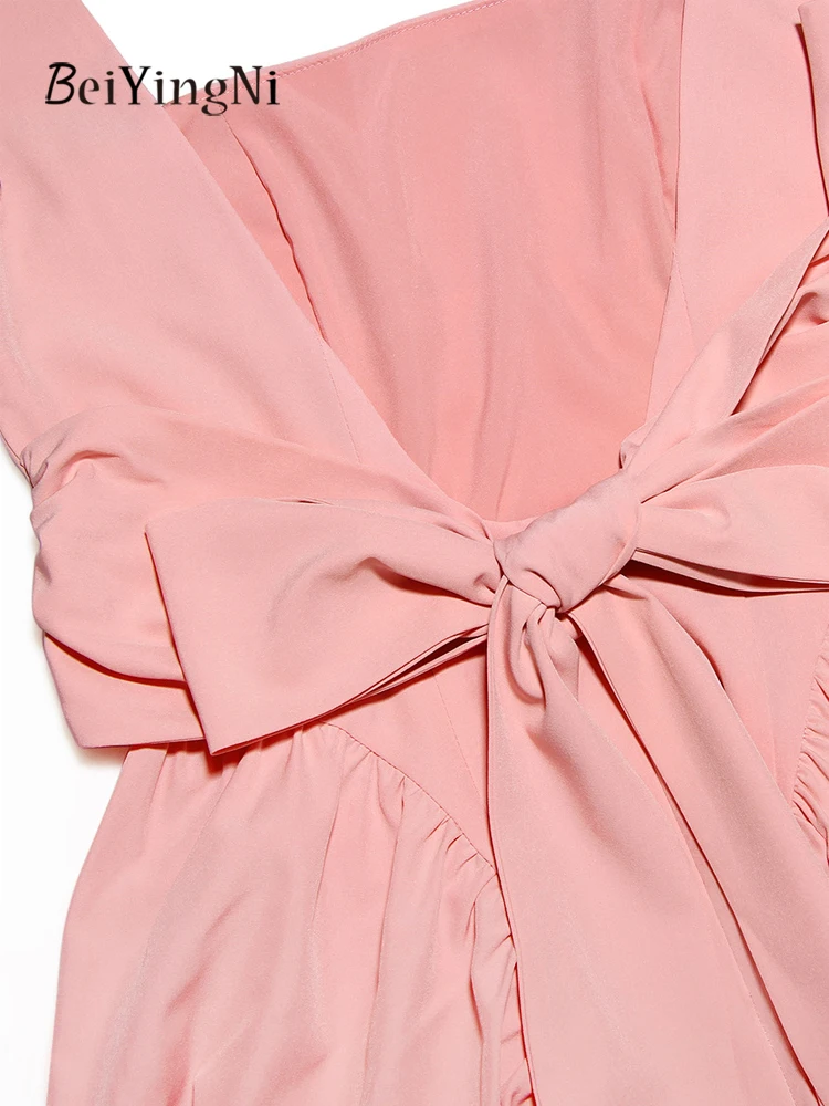 Beiyingni-vestido francés con lazo y espalda descubierta para mujer, Mini vestidos cortos acampanados informales de Color sólido para citas y vacaciones, novedades de verano