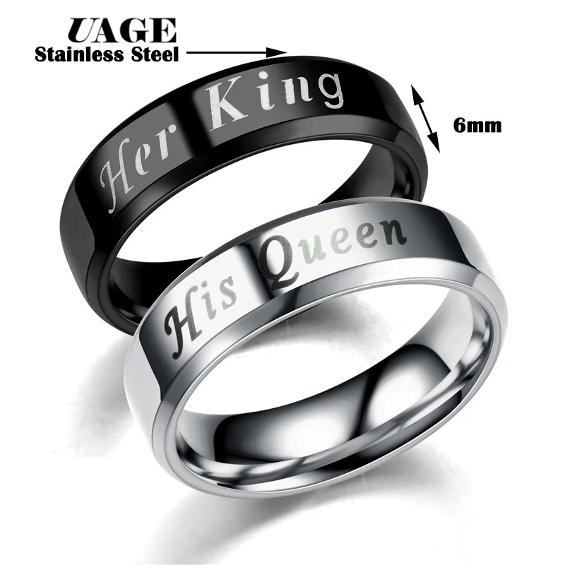 UAGE Titanium His Queen Her King DIY Engraved Couple Ring Romantic Engagement Wedding Rings For Men Women Jewelry