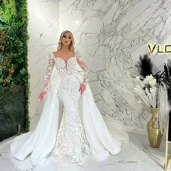 Gorgeous Arabic Aso Ebi Luxurious Wedding Dress Long Sleeves Vintage Sexy Bridal Gowns Detachable train Lace Beaded Dresses