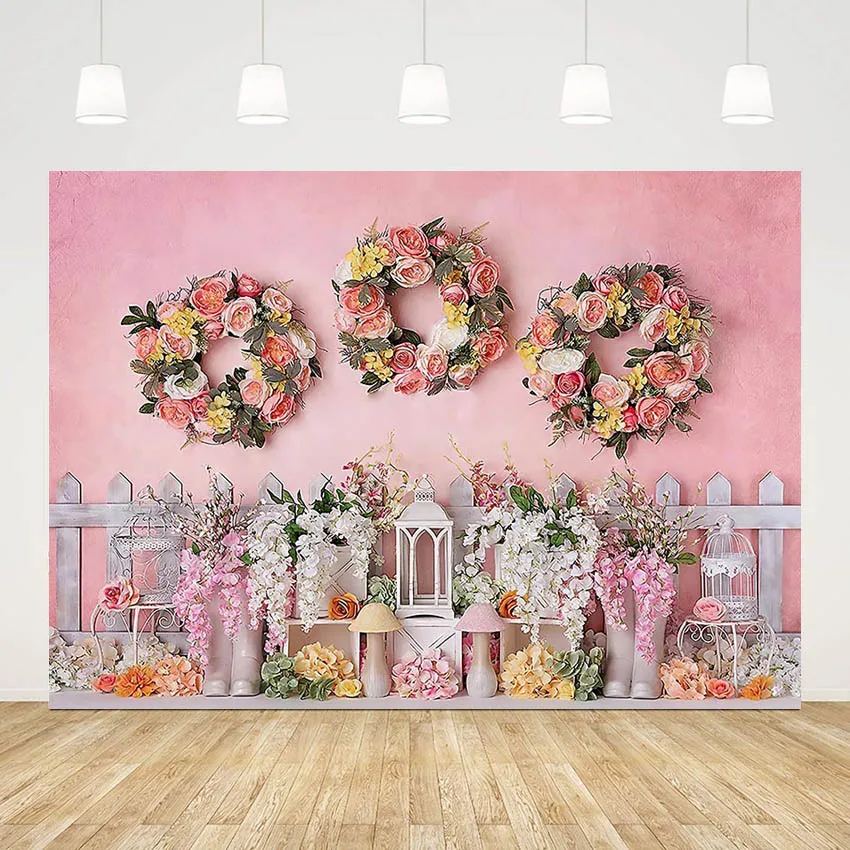 

Mehofond Photography Backdrops Pink Flower Garland Floral Decor Princess Birthday Mushroomland Photocall Background Photo Studio