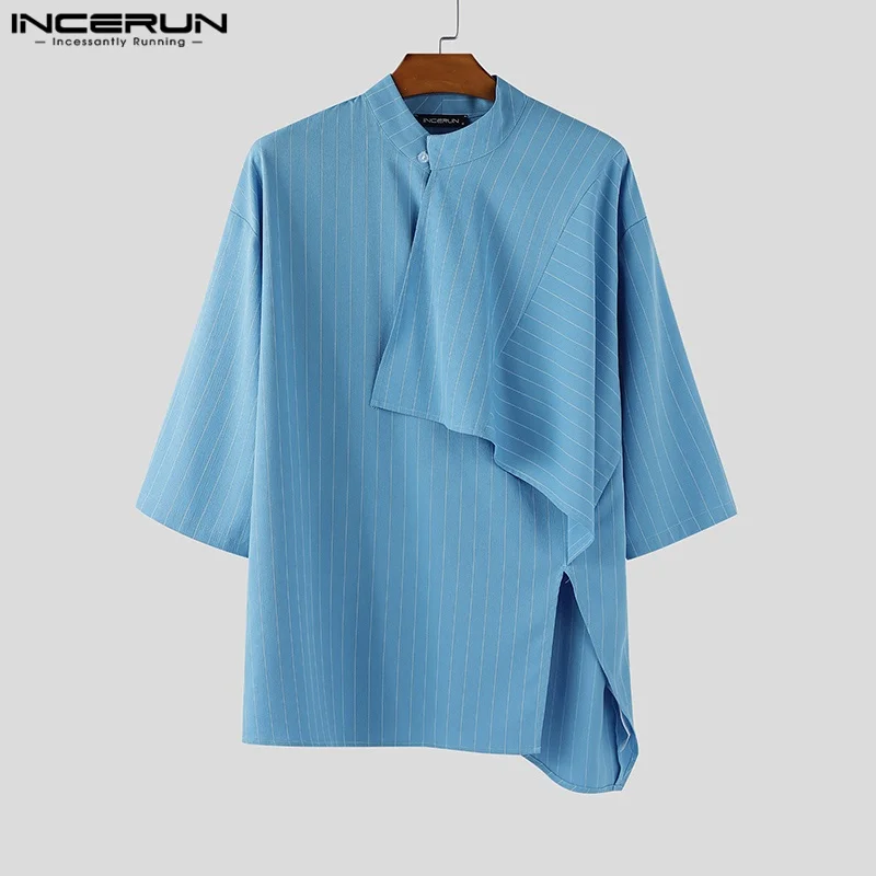 

INCERUN Men Irregular Shirt Striped 3/4 Sleeve Stand Collar Loose Men Clothing Streetwear 2025 Personality Fashion Male Shirts