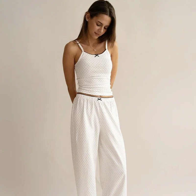 

2026Spring and summer new product: Polka dot loose-fitting fashionable camisole and long-sleeve pajama two-piece set, polka dot