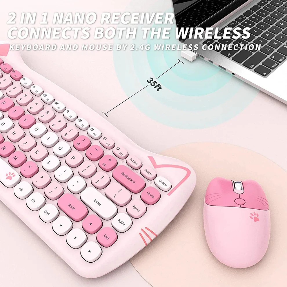 Cute Wireless Keyboard Mouse 2.4GHz Retro Quite Colorful Wireless Keypad Mouse Compatible with Windows PC, Desktop, Laptop