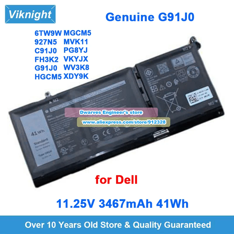 Genuine G91J0 Battery 11.25V 3467mAh 41Wh for DELL Latitude 3320 3420 3520 Vostro 3511 3515 Inspiron 5415 5418 5515 5518 XDY9K