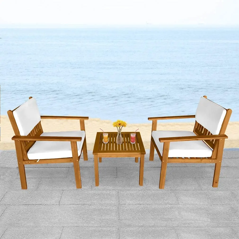 

3-Piece Acacia Wood Patio Bistro Set Outdoor Chat Conversation Table Chair Furniture Set with Water Feature